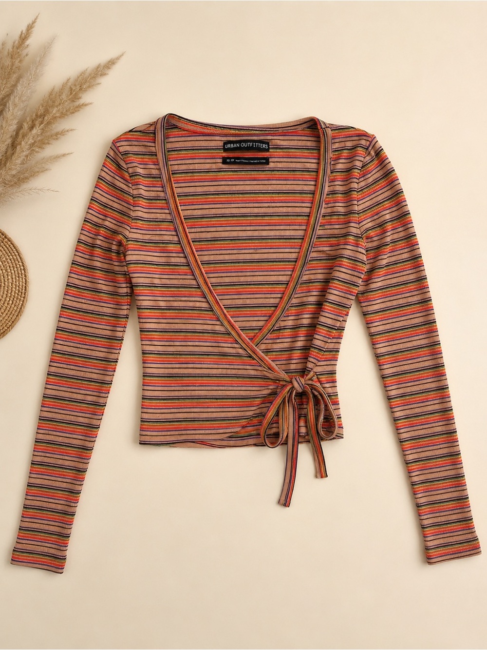 Urban Outfitters Striped Wrap Crop Top in Rust Multicolored